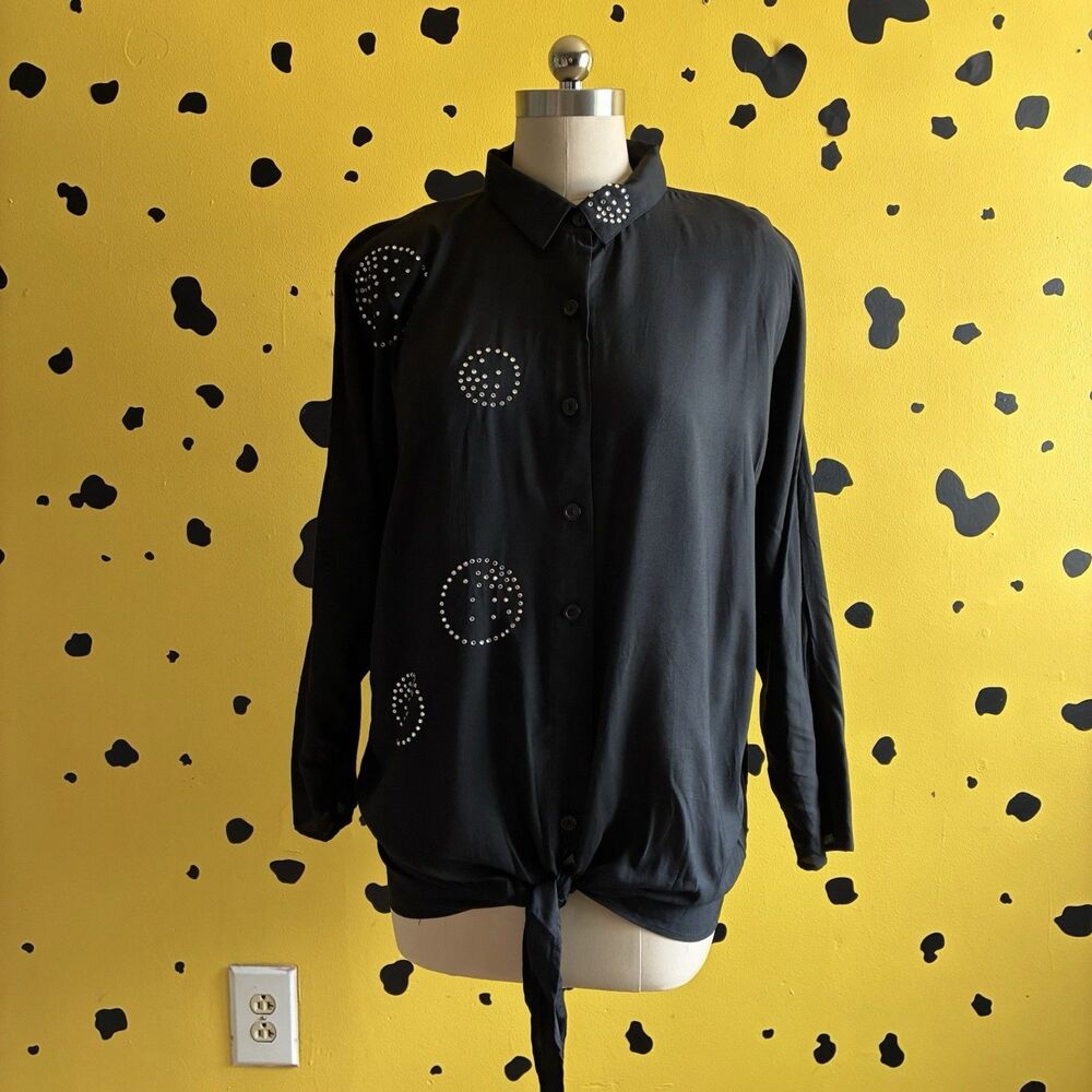 Vintage Black Studded Western Button Up Blouse Top Tie Front Soft Goth Womens S